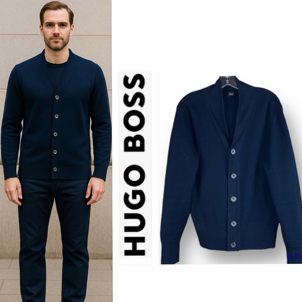 Hugo Boss Slim Fit Wool Blend Cardigan Navy Blue Made In Turkey Size L